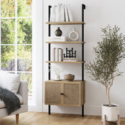Wall-Mount Bookcase with Drawers, 3 Shelves, Light Oak/Black
