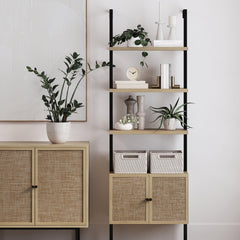 Wall-Mount Bookcase with Drawers, 3 Shelves, Light Oak/Black