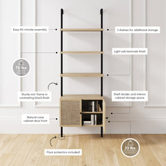 Wall-Mount Bookcase with Drawers, 3 Shelves, Light Oak/Black