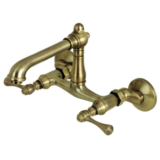 Wall Mount Bridge Kitchen Faucet, English Country, Two-Handle 2-Hole in Antique Brass