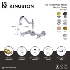 Wall Mount Bridge Kitchen Faucet, Essex, with Two Handles and Swivel Spout