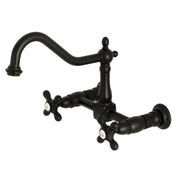 Wall Mount Bridge Kitchen Faucet, Heritage, 2-Hole with Cross Handles in Matte Black