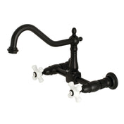 Wall Mount Bridge Kitchen Faucet, Heritage, 2-Hole with Cross Handles in Matte Black