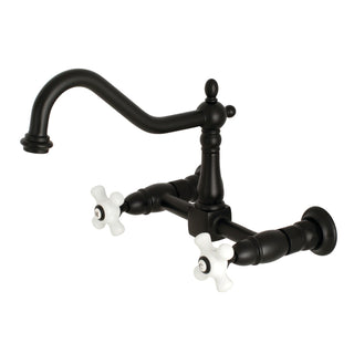 Wall Mount Bridge Kitchen Faucet, Heritage, 2-Hole with Cross Handles in Matte Black