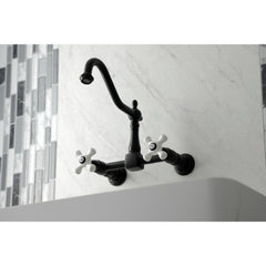 Wall Mount Bridge Kitchen Faucet, Heritage, 2-Hole with Cross Handles in Matte Black