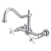 Wall Mount Bridge Kitchen Faucet, Heritage, Cross Handles in Polished Chrome