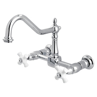 Wall Mount Bridge Kitchen Faucet, Heritage, Cross Handles in Polished Chrome