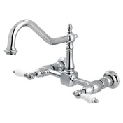 Wall Mount Bridge Kitchen Faucet, Heritage, Two-Handle 2-Hole in Polished Chrome