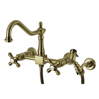 Wall Mount Bridge Kitchen Faucet, Heritage, Two-Handle in Antique Brass