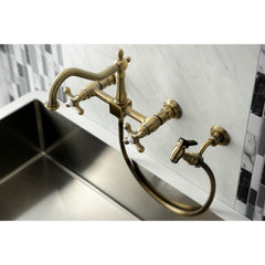 Wall Mount Bridge Kitchen Faucet, Heritage, Two-Handle in Antique Brass