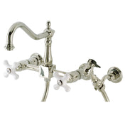 Wall Mount Bridge Kitchen Faucet, Heritage, Two-Handle with Sprayer in Polished Nickel