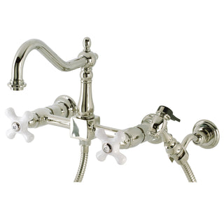 Wall Mount Bridge Kitchen Faucet, Heritage, Two-Handle with Sprayer in Polished Nickel