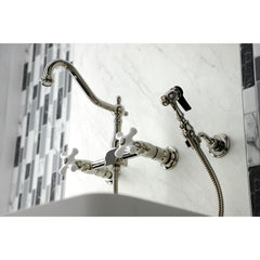 Wall Mount Bridge Kitchen Faucet, Heritage, Two-Handle with Sprayer in Polished Nickel