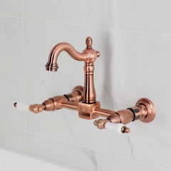 Wall Mount Bridge Kitchen Faucet, Heritage, Two Handles in Antique Copper