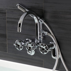 Wall Mount Clawfoot Tub Faucet, Belknap, Three-Handle with Hand Shower in Polished Chrome