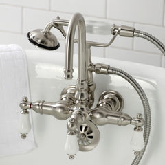 Wall Mount Clawfoot Tub Faucet, Heirloom, Three-Handle with Hand Shower in Brushed Nickel