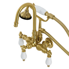 Wall Mount Clawfoot Tub Faucet, Heirloom, Three-Handle with Hand Shower in Brushed Brass