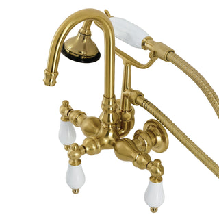 Wall Mount Clawfoot Tub Faucet, Heirloom, Three-Handle with Hand Shower in Brushed Brass