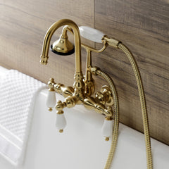 Wall Mount Clawfoot Tub Faucet, Heirloom, Three-Handle with Hand Shower in Brushed Brass
