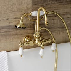 Wall Mount Clawfoot Tub Faucet, Heirloom, Three-Handle with Hand Shower in Brushed Brass