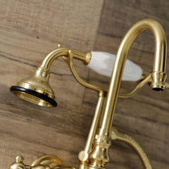 Wall Mount Clawfoot Tub Faucet, Heirloom, Three-Handle with Hand Shower in Brushed Brass