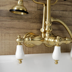 Wall Mount Clawfoot Tub Faucet, Heirloom, Three-Handle with Hand Shower in Brushed Brass