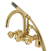 Wall Mount Clawfoot Tub Faucet, Sona, Three Handle with Hand Shower in Brushed Brass