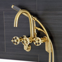 Wall Mount Clawfoot Tub Faucet, Sona, Three Handle with Hand Shower in Brushed Brass
