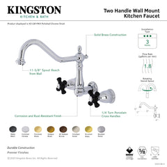 Wall Mount Kitchen Faucet, Heirloom, Two-Handle 3-Hole in Polished Brass