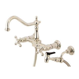 Wall Mount Kitchen Faucet, Heirloom, Two-Handle with Brass Sprayer in Polished Nickel