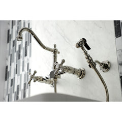 Wall Mount Kitchen Faucet, Heirloom, Two-Handle with Brass Sprayer in Polished Nickel