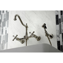 Wall Mount Kitchen Faucet, Heirloom, Two-Handle with Brass Sprayer in Polished Nickel