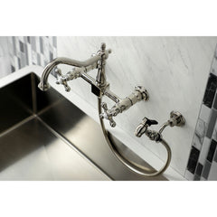 Wall Mount Kitchen Faucet, Heirloom, Two-Handle with Brass Sprayer in Polished Nickel