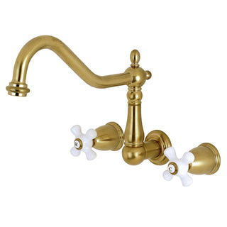 Wall Mount Kitchen Faucet, Heritage, Two-Handle 3-Hole in Brushed Brass