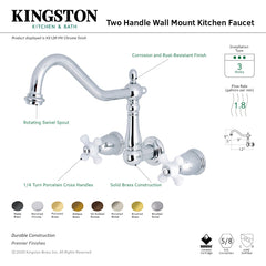 Wall Mount Kitchen Faucet, Heritage, Two-Handle 3-Hole in Polished Chrome