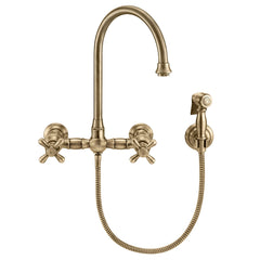 Wall Mount Kitchen Faucet with Gooseneck Spout and Side Spray in Antique Brass