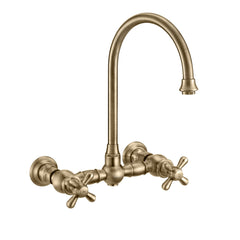 Wall Mount Kitchen Faucet with Gooseneck Spout and Side Spray in Antique Brass