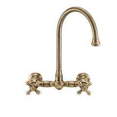 Wall Mount Kitchen Faucet with Gooseneck Spout and Side Spray in Antique Brass