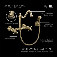 Wall Mount Kitchen Faucet with Swivel Spout and Side Spray in Antique Brass
