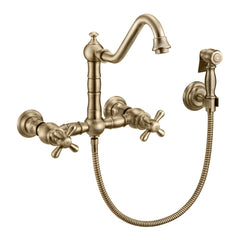 Wall Mount Kitchen Faucet with Swivel Spout and Side Spray in Antique Brass