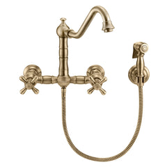 Wall Mount Kitchen Faucet with Swivel Spout and Side Spray in Antique Brass