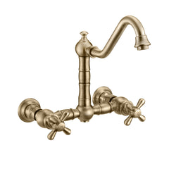 Wall Mount Kitchen Faucet with Swivel Spout and Side Spray in Antique Brass