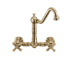Wall Mount Kitchen Faucet with Swivel Spout and Side Spray in Antique Brass