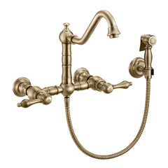 Wall Mount Kitchen Faucet with Swivel Spout and Side Spray in Antique Brass