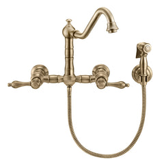 Wall Mount Kitchen Faucet with Swivel Spout and Side Spray in Antique Brass