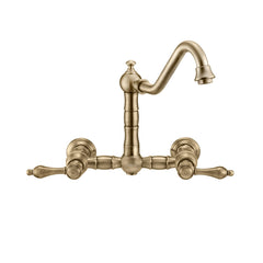 Wall Mount Kitchen Faucet with Swivel Spout and Side Spray in Antique Brass