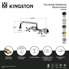 Wall Mount Kitchen Faucet with Two Handles, 2-Hole in Antique Brass