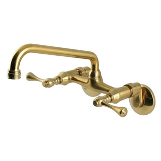 Wall Mount Kitchen Faucet with Two Lever Handles in Brushed Brass