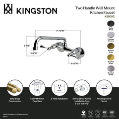 Wall Mount Kitchen Faucet with Two Lever Handles in Brushed Brass