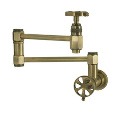 Wall Mount Pot Filler Faucet, Belknap, Dual Wheel Handles in Antique Brass